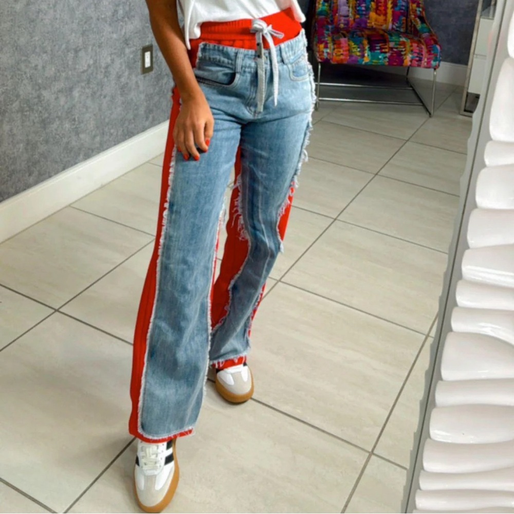 ELASTIC WAISTBAND DENIM DETAIL PANTS